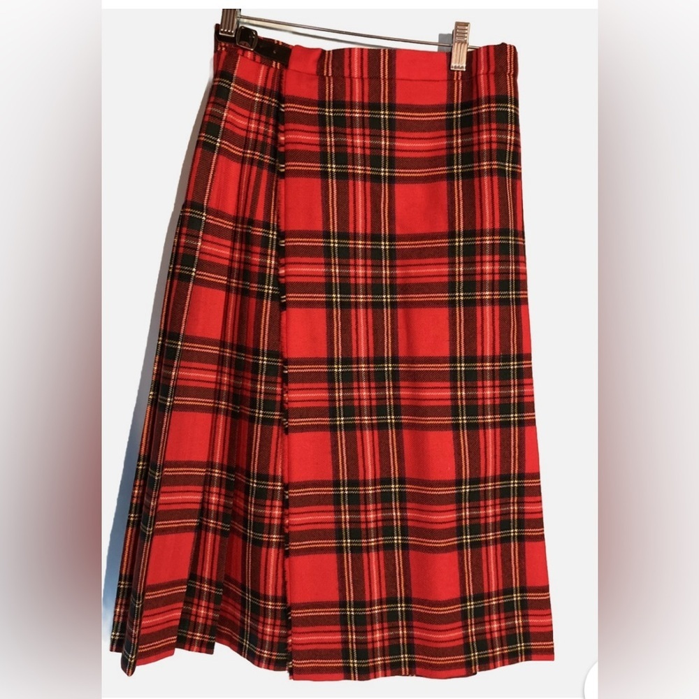 Moffat Woollens 100% Wool Red Tartan Pleated A-Line Skirt, Made In Scotland